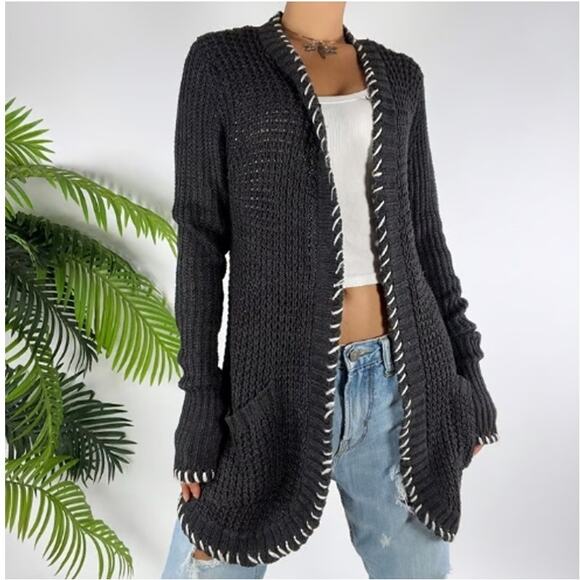 Md RD Style Gray Knit Cardigan Sweater Whipstitch Trim Cozy Boho Fall Scandi - Picture 1 of 7